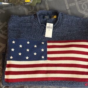 Polo by Ralph Lauren Blue Crewneck Sweater with Red and White Flag Knit
